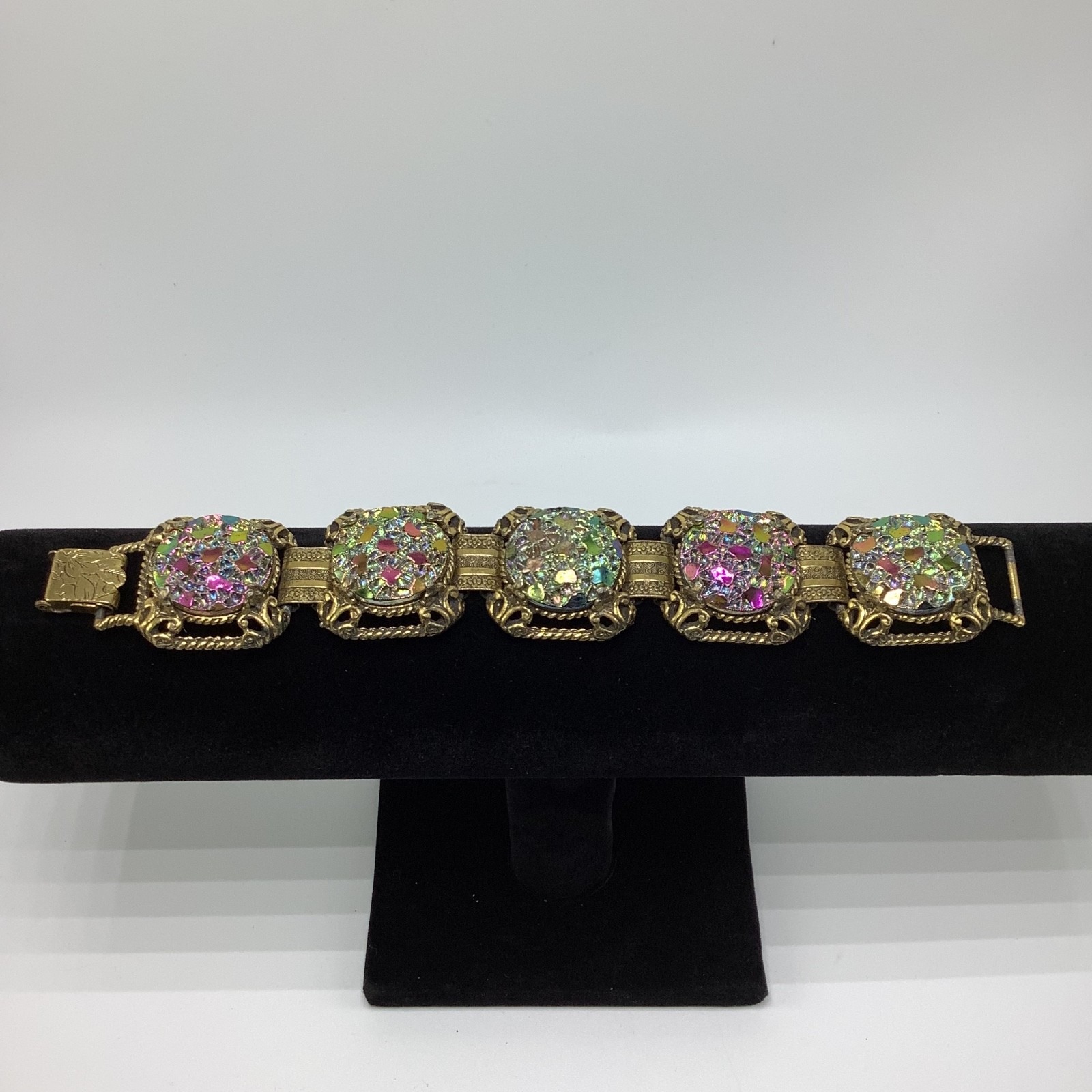 Vintage Judy Lee Gold Tone Carnival Glass Link Bracelet 5 Panel Squares 45$